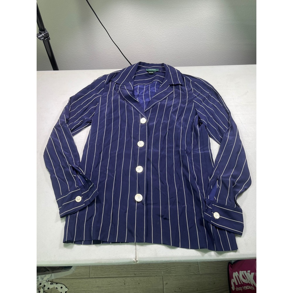 Lauren Ralph Lauren Womens S 100% Silk Blouse Navy Stripe Button Front Shirt